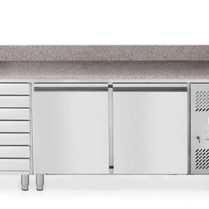 2-Door pizza cooling table with 7 drawers, with granite worktop