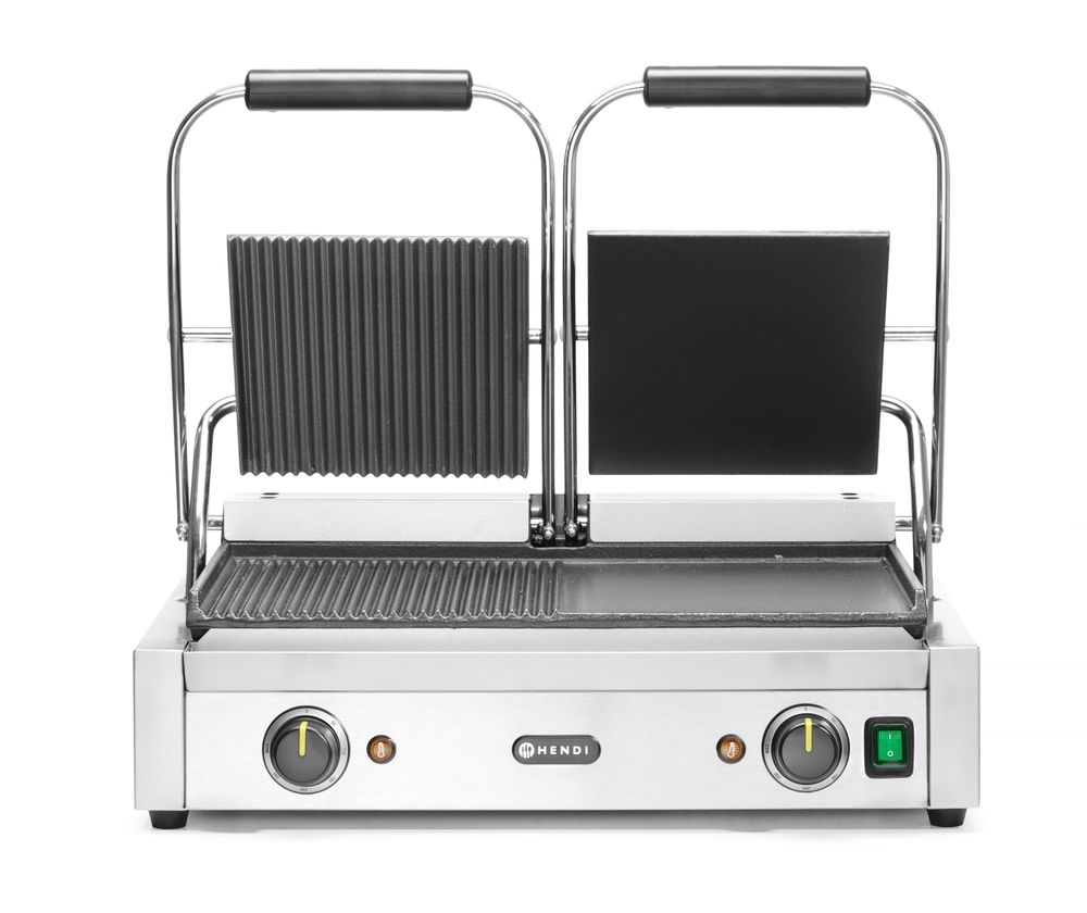 Kontaktgrill - dubbelversion, HENDI, halv slät, halv ribbad, 230V/3600W, 570x375x(H)216mm